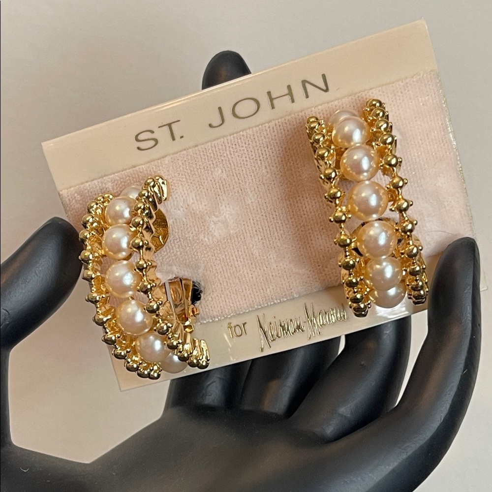 NOS Vintage St. John Gold Half-Hoop Clip-on Earrings with Ivory Pearls